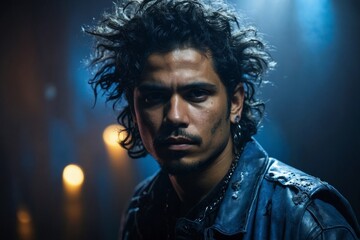 Portrait of young man in dark hair and leather jacket with rebellious look