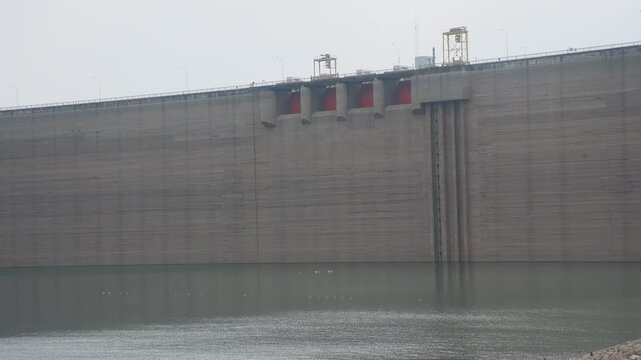 Khun Dan Prakarn Chon huge concrete dam with lower water level from El nino effect in Thailand  