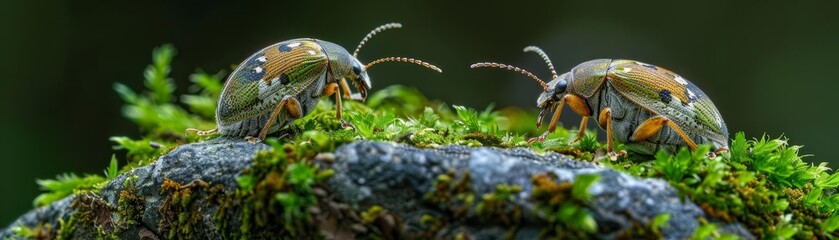 Obraz premium Weevils and moths on a mossy rock, detailed macro shot, intricate textures, natural harmony