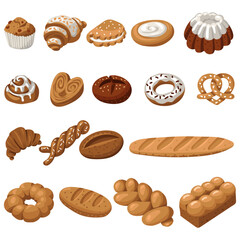 Set of colorful bakery products with a natural illustration. Cupcake, muffin, cookies, cottage cheese, croissant, scheme. loaf, basket, bagel. Baking different types of dough. Packaging in cafes, bake