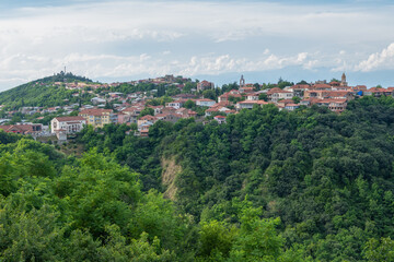 A view of a city between the mountains
