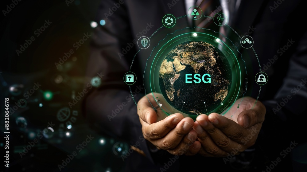 Poster a man is holding a globe with the letters esg on it. the globe is surrounded by a green circle with 