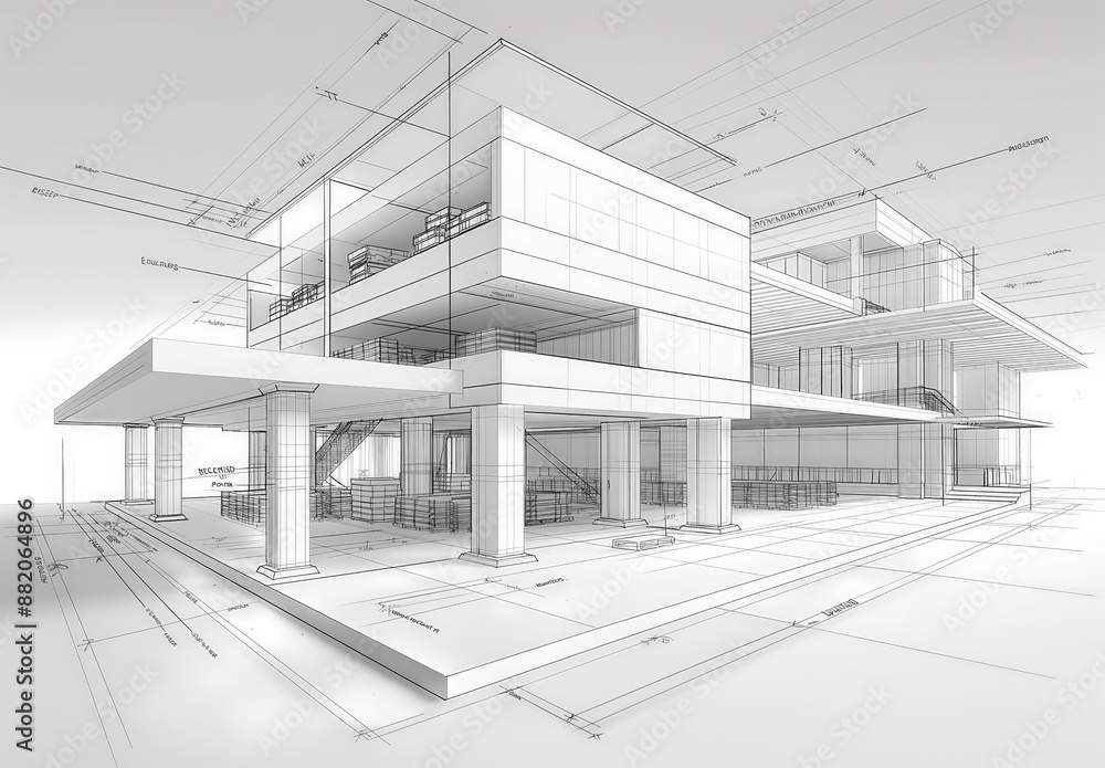 Poster Industrial building wireframe rendering with architectural and construction details