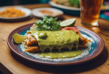 Enchiladas suizas with roasted tomatillo sauce on a colorful plate with a glass of Mexican cerveza in an upscale Mexican eatery
