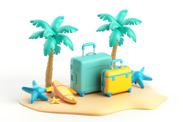 Obraz premium 3D Luggage on the beach with palm trees icon. vacation concept