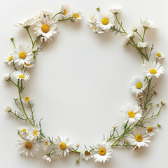 Round frame of daisies on white background space in the middle