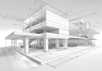 Obraz premium Industrial building wireframe rendering with architectural and construction details