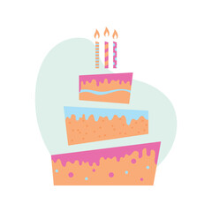 birthday cake with candles in flat design, colorful vector illustration isolated on white background, design element for greeting cards, birthday cards, poster, wallpaper, banner,invitations