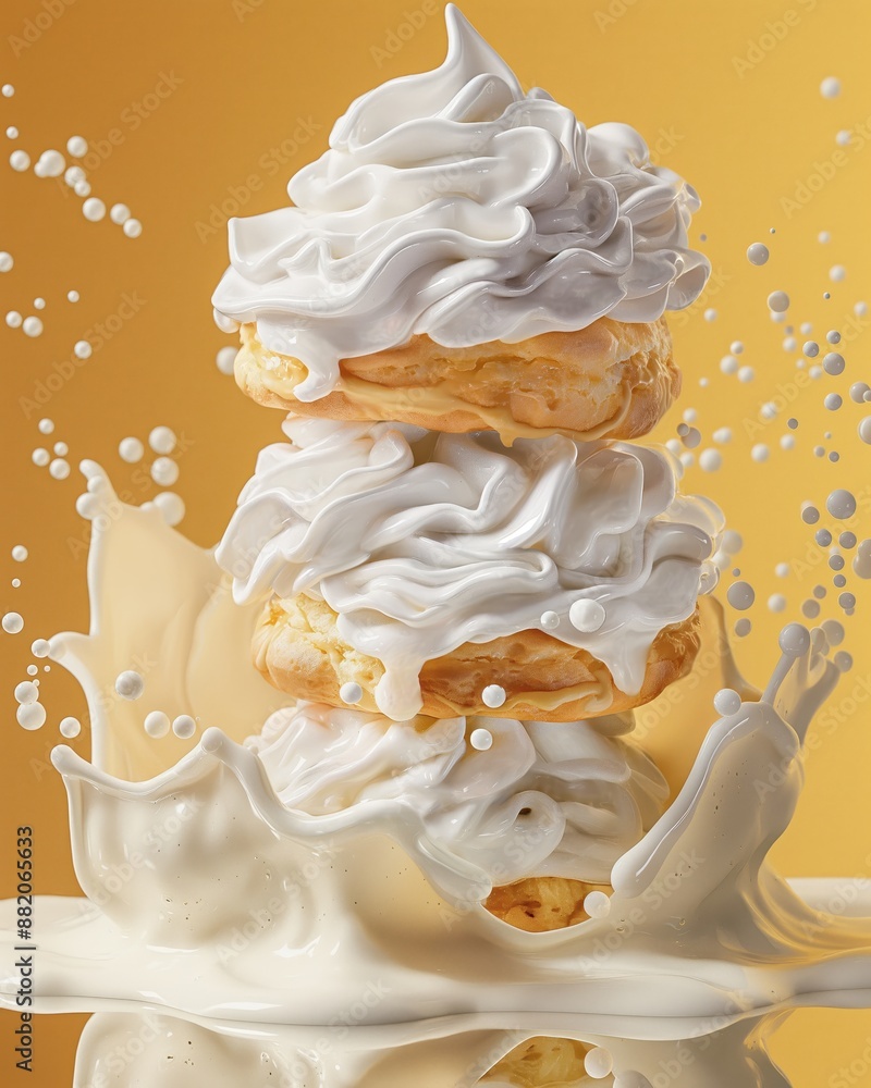 Wall mural a stack of cream puffs being splashed with milk