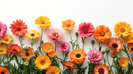 Obraz premium colorful flowers coming up from the bottom white background.