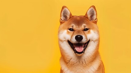 A Cheerful Shiba Inu Dog Is Grinning Happily in Front of a Vibrant Yellow Background, Radiating Joy and Positivity