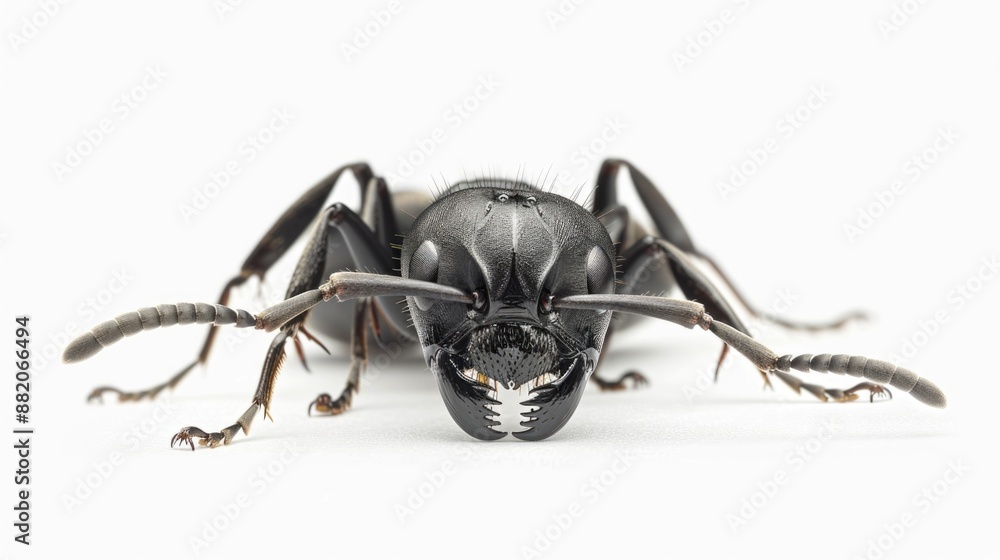 Poster close-up image of a small black insect on a white background