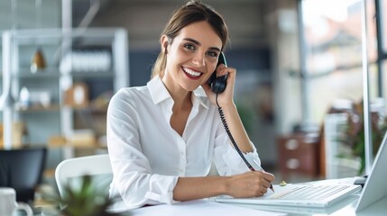 A woman is sitting at a desk and talking on a phone