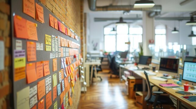 Kanban wall in a tech startup office with active workflow