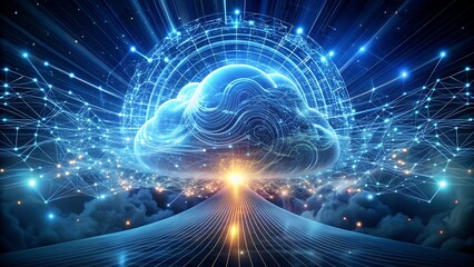 A swirling cloud composed of lines of code and robotic silhouettes represents the inner workings of artificial intelligence.