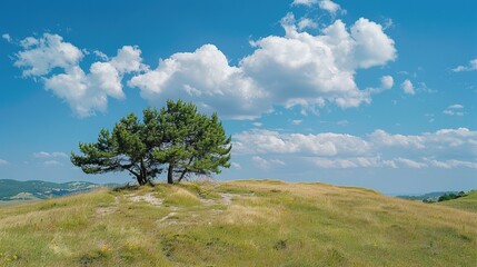 A tree is standing on a hill with a clear blue sky above it