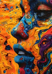 A colorful painting of a woman's face with a blue eye