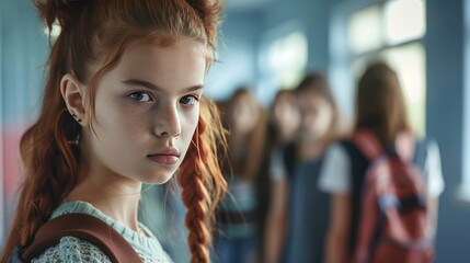 A Young Girl Being Bullied by a Group of Peers at School with Sad and Intimidated Expressions