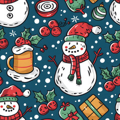 2D illustrated New Year card in a cute graphic style seamless pattern.