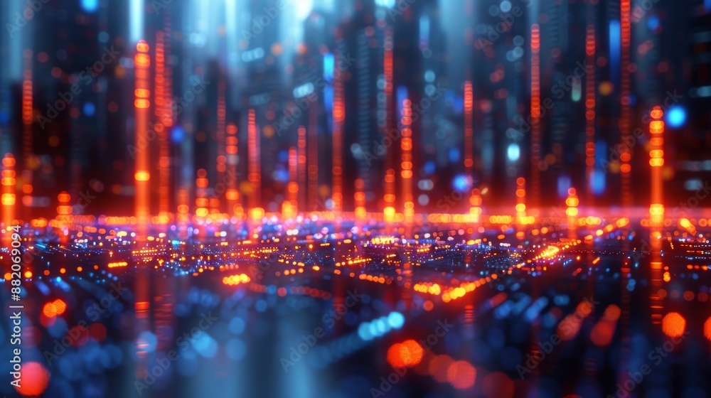 Poster in a futuristic setting, there are red and blue lights in abstract digital data streams on a dark ba