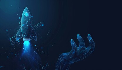 Digital wireframe illustration of a rocket launch and robotic hand in space