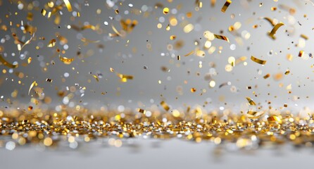 Scattered Gold and Silver Confetti on a Grey Surface