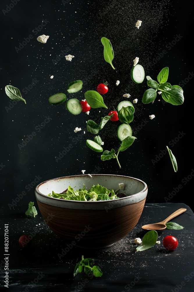 Sticker a bowl of salad with fresh vegetables and herbs falling from the sky