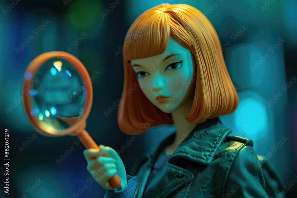 Poster close-up of a person examining an object or text with a magnifying glass, great for educational or d