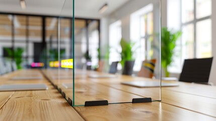 Obraz premium modern office workspace with glass dividers and wooden desk for social distancing.