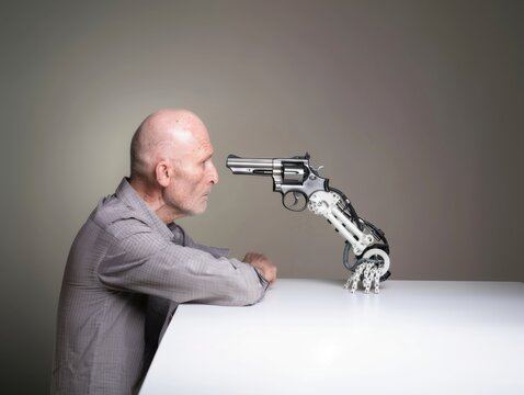 A serious man sits at a table, staring down a robotic arm that holds a gun, symbolizing technological threats and artificial intelligence.