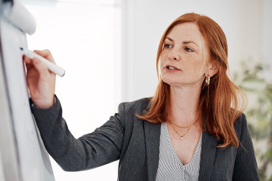 Business woman, writing and presentation with flipchart for meeting, training staff or discussion at office. Female person, speaker or employee taking notes on whiteboard in planning or brainstorming