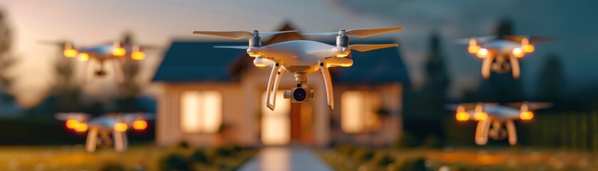 drone photography surveillance security system at night over house.