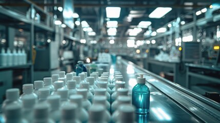 Obraz premium Rows of Blue Liquid Bottles on an Assembly Line in a Factory