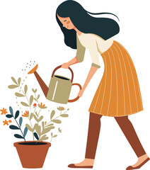 Woman Watering Plant Illustration