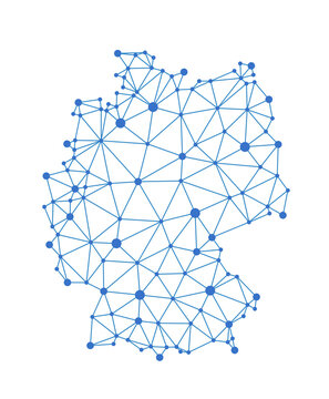 Germany polygon map. Low poly blue trendy style map of Germany with connecting dots network. Transparent isolated PNG.