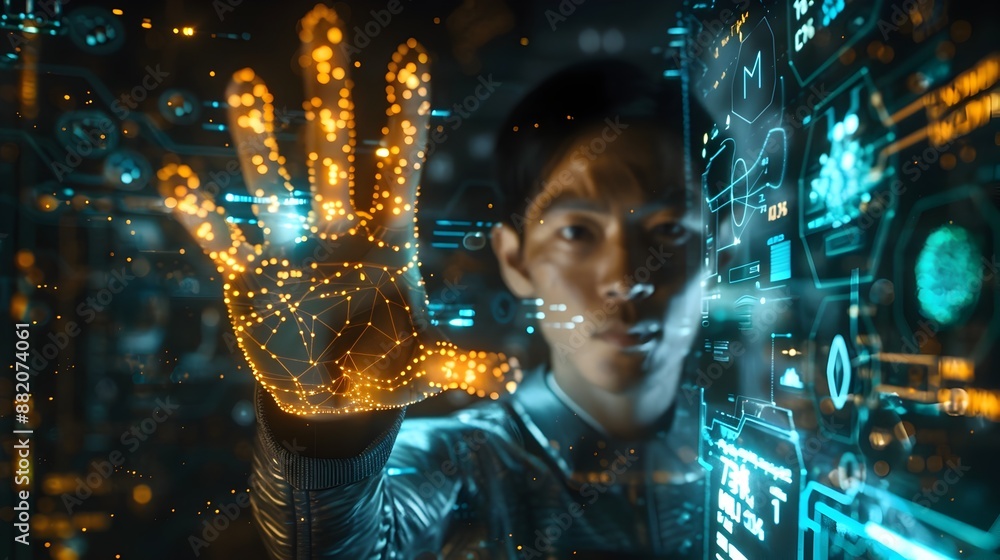 Poster futuristic holographic interface with glowing digital projection and abstract visuals