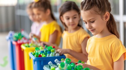 young children sorting plastic bottles in recycling bins for environmental responsibility.