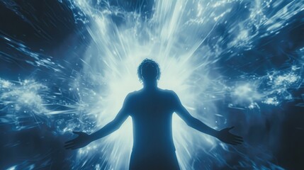 Fototapeta premium A Man Silhouetted Against a Blue, Glowing Light Sphere