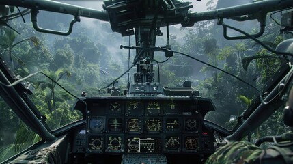 A close-up of an Attack Helicopters AH-64 Apaches cockpit amidst a jungle operation The pilots face is tense with concentration