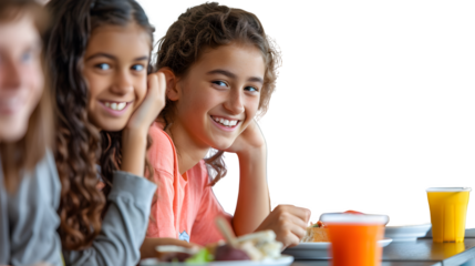 Lunch time chat of students, back to school scene, social interaction and friendship, school cafeteria moments, student camaraderie, png file, isolated on white