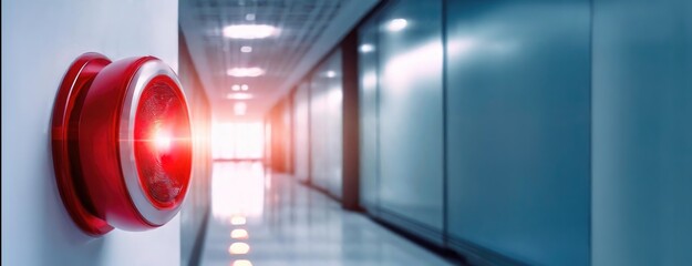 A red alarm light mounted on a wall in a modern building hallway, indicating an emergency or alert situation, with a blurred background.