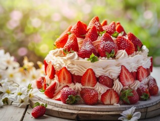 Strawberry Cake on a Wooden Table in a Sunny Garden