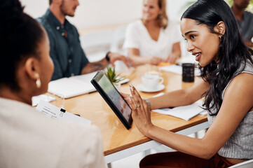 Tablet, brainstorming and woman in office for business meeting, teamwork and planning for project. People, communication and technology in conference room for agenda, ideas and collaboration at desk