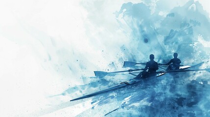 Illustration of  rowers in boat,white and blue color palette, digital painting with brush strokes.