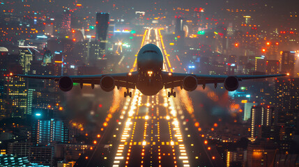 Airplane Landing on Illuminated Runway at Night with City Skyline