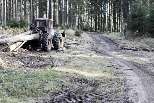 Old tractor in the forest with logs