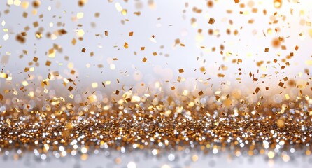 Golden Confetti Falling on Glittering Silver Surface