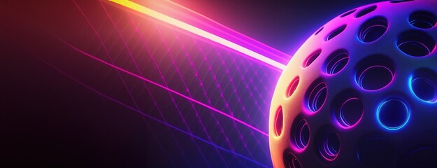 Pickleball sport game and perforated hollow plastic ball with futuristic abstract design and glowing neon lights. Recreational activity and the playful nature of outdoor sports.