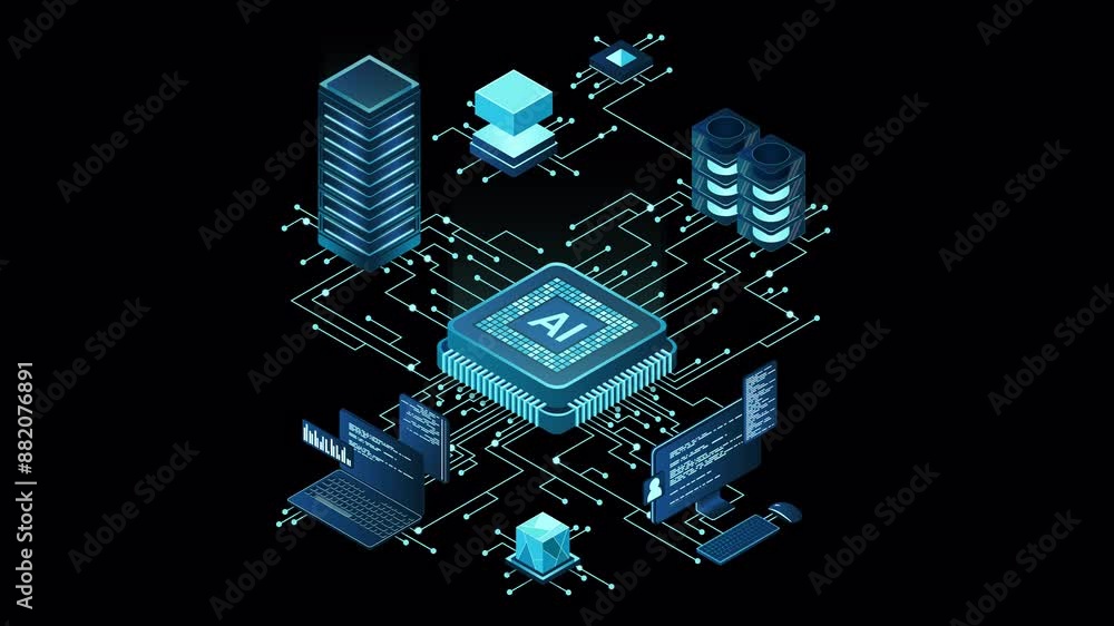 Poster isometric artificial intelligence chip animation. artificial intelligence server. futuristic microch