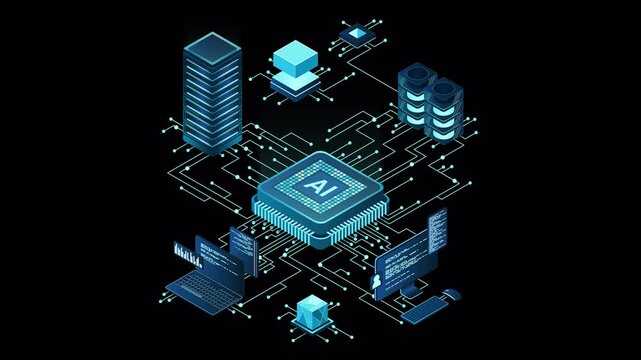 Isometric artificial intelligence chip animation. Artificial Intelligence server. Futuristic microchip processor. Isometric cloud computing. Transparent background with alpha channel